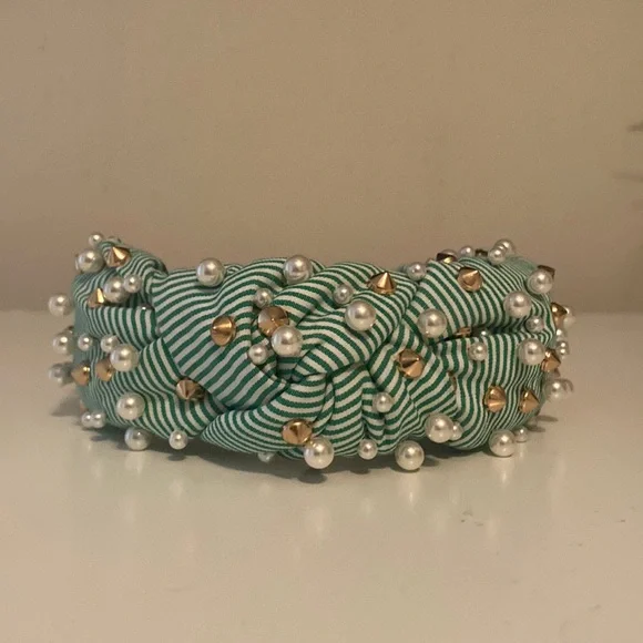 Lele Sadoughi Green embellished Headband Lele Sadoughi Seersucker Embellished Knotted Headband In  main image 4